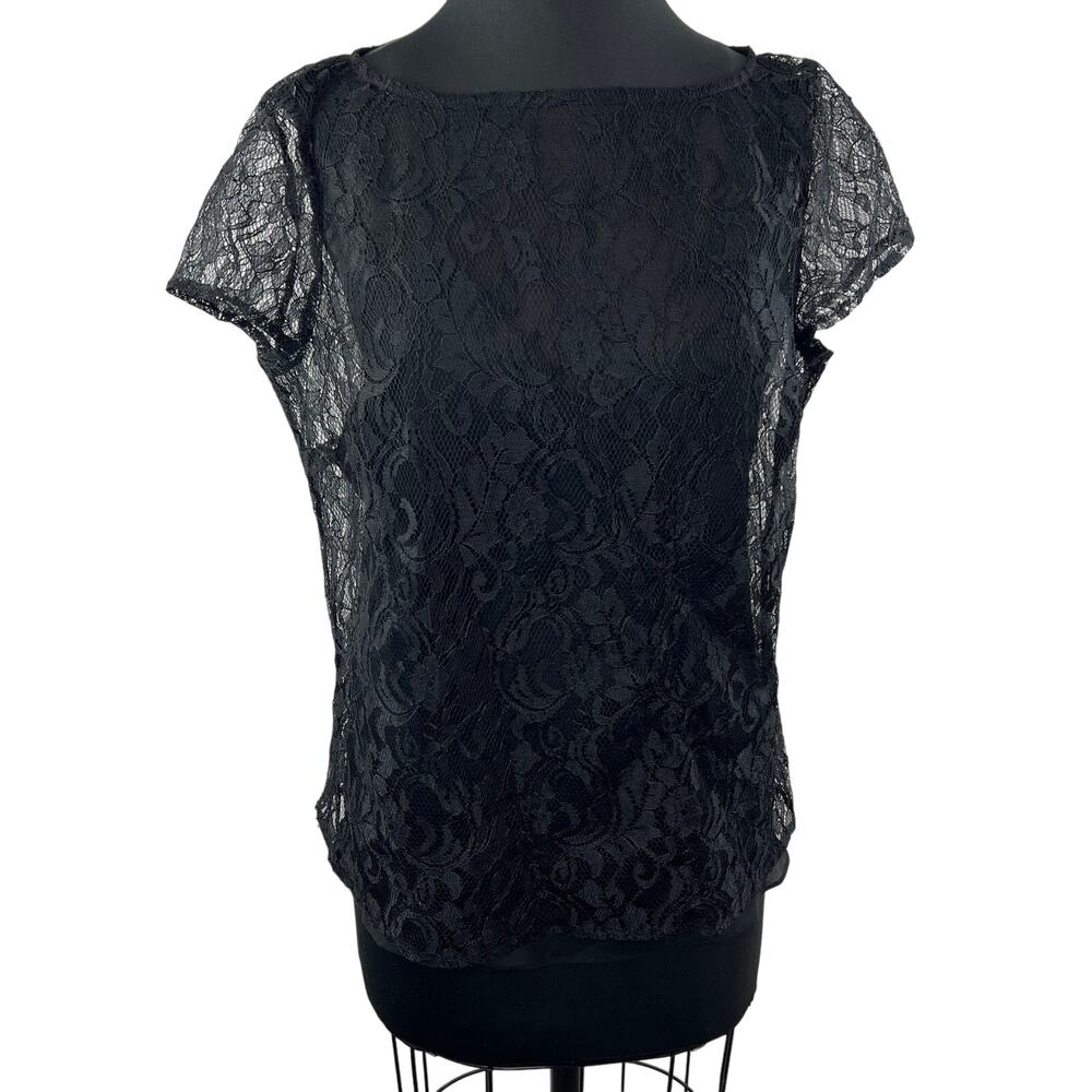 Lauren Ralph Lauren Black Floral Lace Sheer Lined Short Sleeve Blouse Top 14